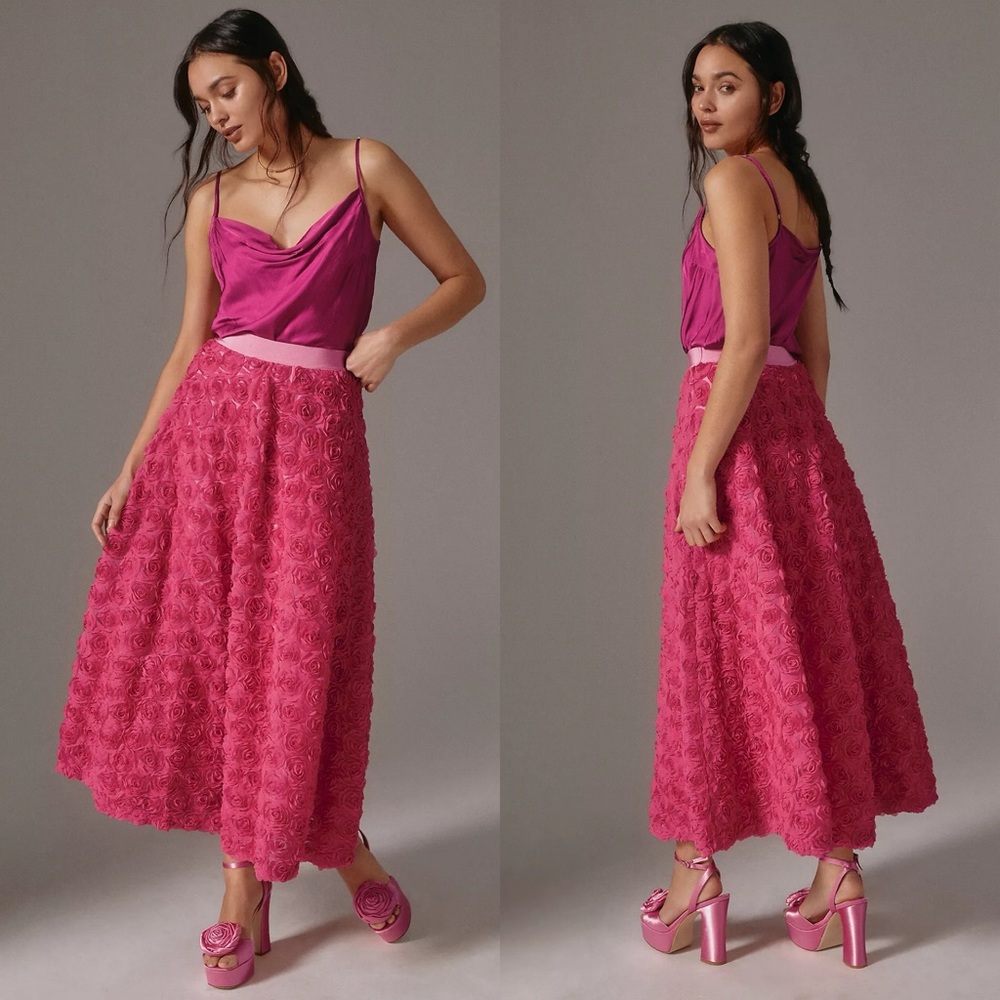 Anthropologie Pink Maeve Floral Appliqué Skirt Midi Womens Size‎ 2